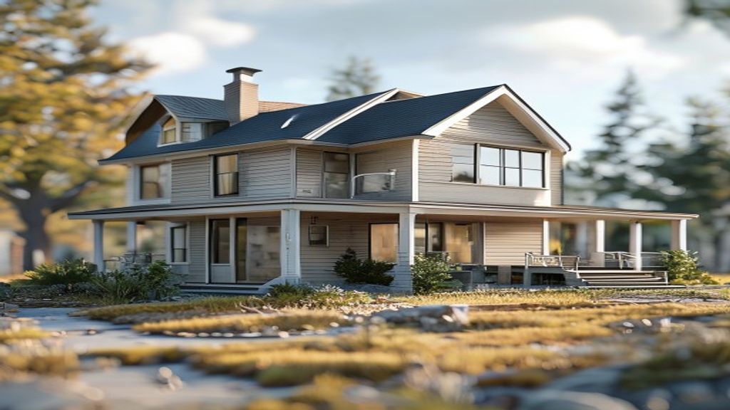 A DIY homeowner planning and constructing a custom house, showing tools, blueprints, and progress stages.