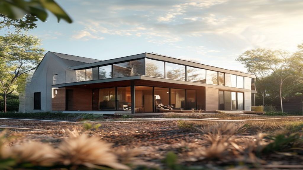 Construction crew erects modern home framework on a sunny construction site