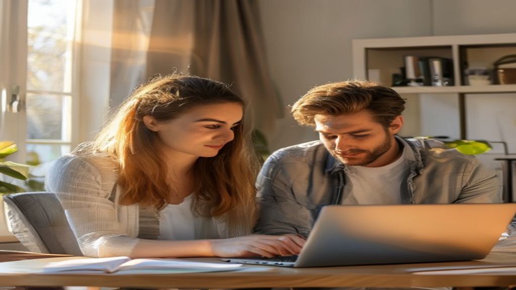 Family exploring house listings on a laptop, planning to buy their first home