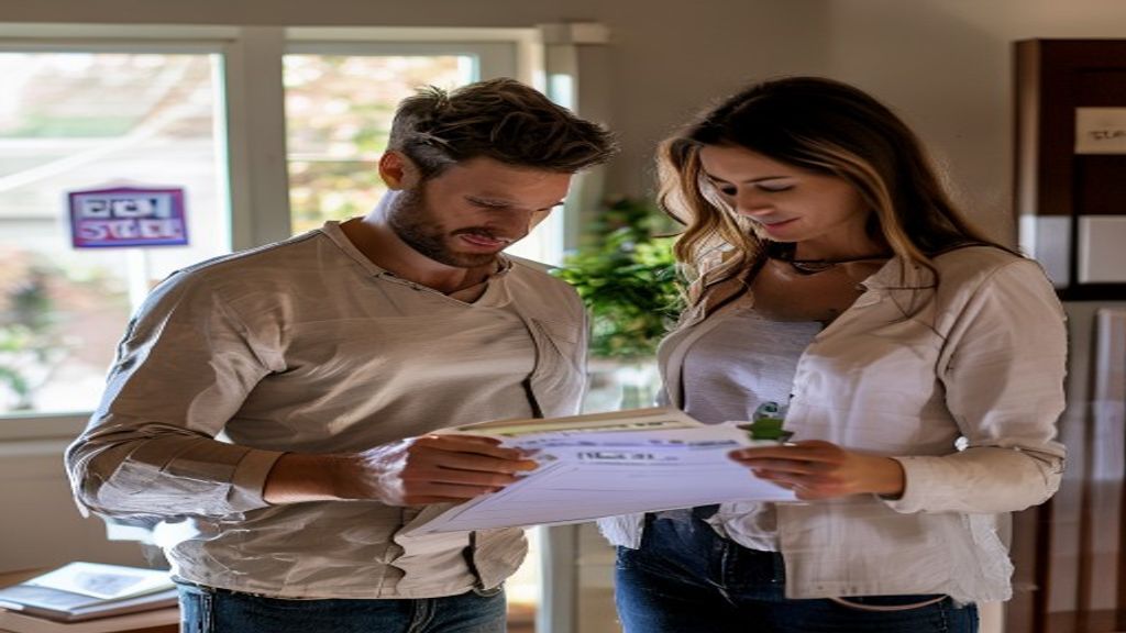 First-time homebuyer reviewing a property checklist while touring a house, smiling and holding a mortgage brochure.