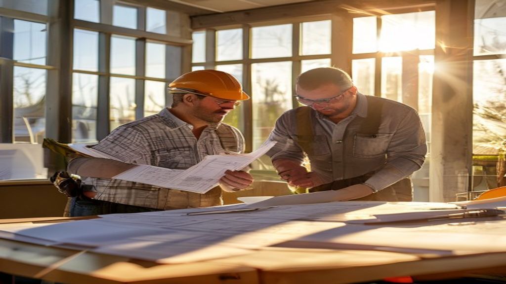 Construction crew reviewing blueprints for a new residential project by leading home building companies