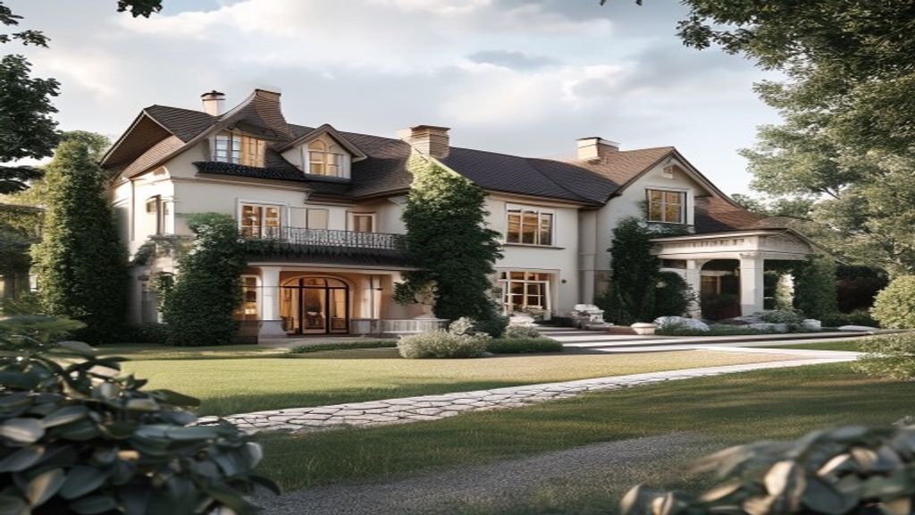 Elegant luxury country home with stone façade and manicured gardens.