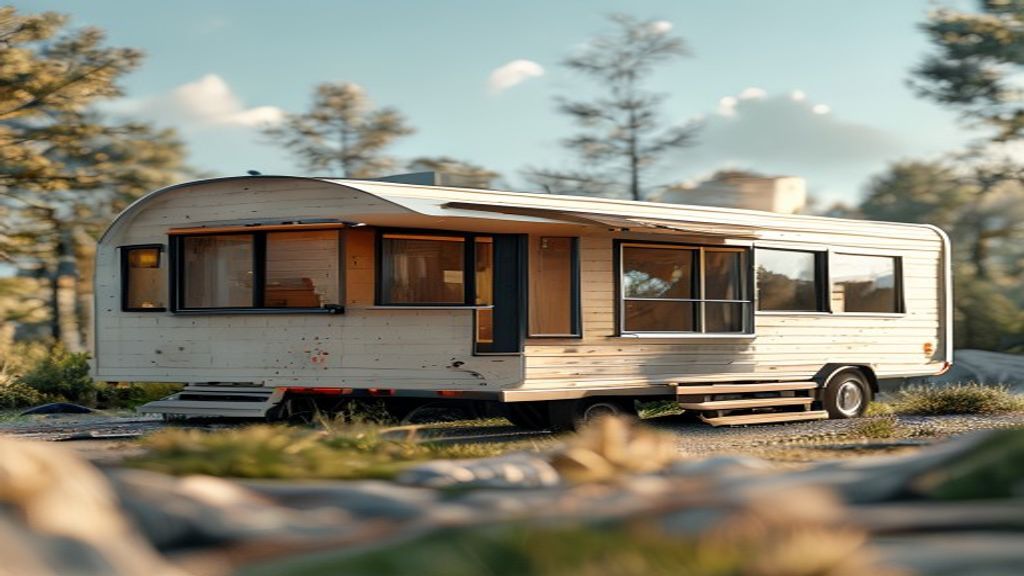 Stylish mobile house for sale on a sunny lot, showcasing modern design and compact living space