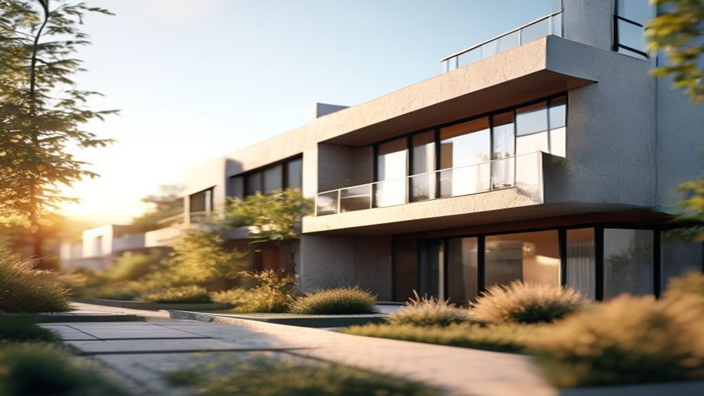 Modern new-build house with sleek architecture and landscaped garden.