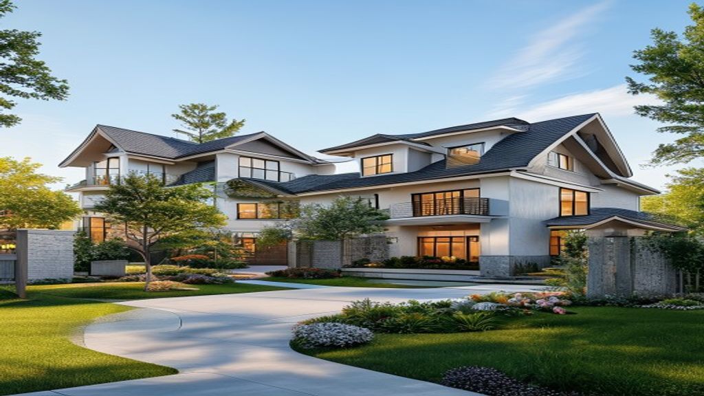 Modern new home for sale with a spacious front yard and sleek glass windows