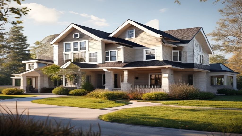 A modern new home for sale featuring an open floor plan, large windows, and a landscaped backyard.