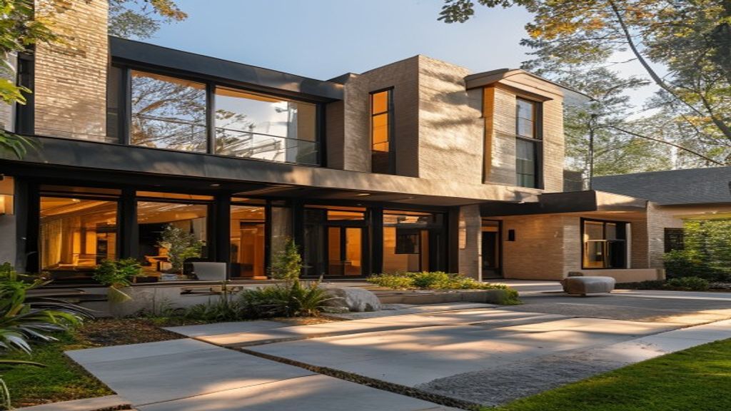 Elegant luxury homes with manicured gardens and grand entrances showcase upscale living