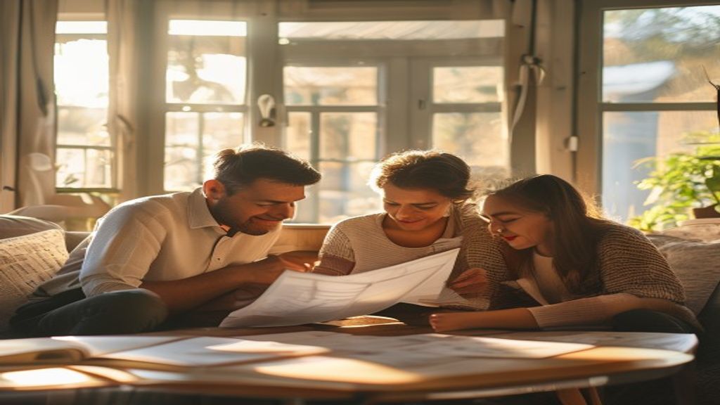 Happy family examining rent to buy homes with real estate professional