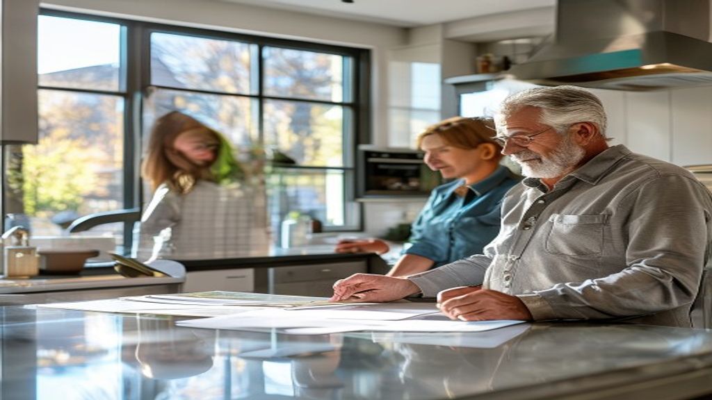 Real estate agent showing a modern family home to buyers, illustrating selling residential property.